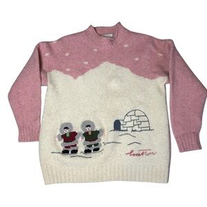 Benetton Vintage Shetland Wool Sweater Eskimo and Igloo figures made in Italy- S